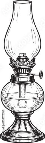 Vintage Kerosene Lamp: Detailed Oil Lantern Hand-Drawn Engraving Style