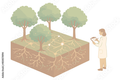 Neural Forest Network. Isometric vector illustration set Neural forest network: trees linked by glowing root systems, soil section