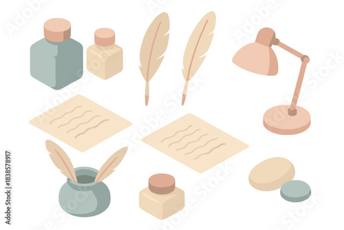 Calligraphy Studio Elements. Isometric vector illustration set Calligraphy studio: ink bottles, feather quills, parchment sheets,