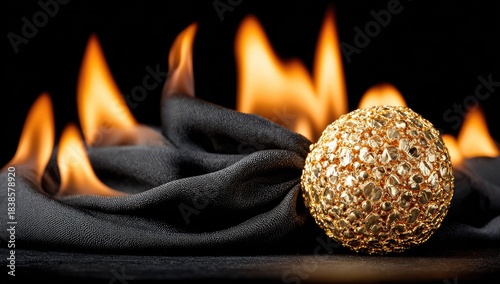 Golden sphere rests on black fabric with flames.