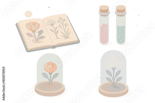 Galactic Flora Exploration. Isometric vector illustration set Galactic flora field notes: illustrated pages of alien plant