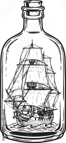 Vintage Maritime Illustration: Detailed Sailing Vessel in Corked Jar