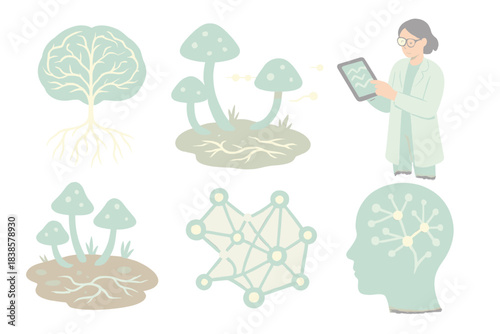 Mycelium Brain Network. Isometric vector illustration set Mycelium cognition: glowing fungal roots forming brain shape, spores