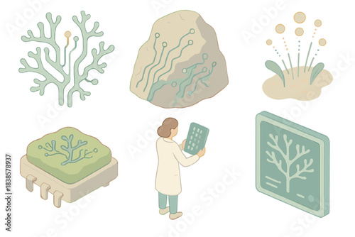 Bio-Digital Lichen Patterns. Isometric vector illustration set Bio-digital lichen patterns: circuit-like lichen shapes, rock face