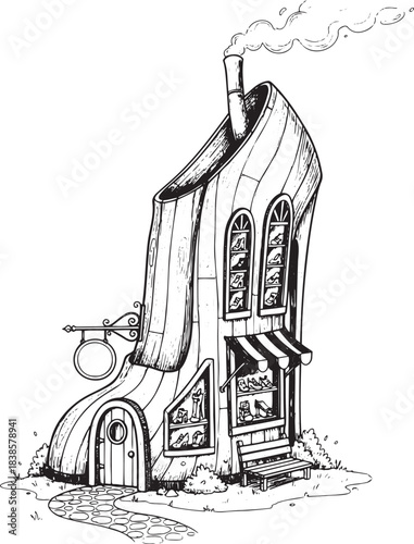Fantasy Shoe Store Illustration: Whimsical Boot-Shaped Boutique Sketch