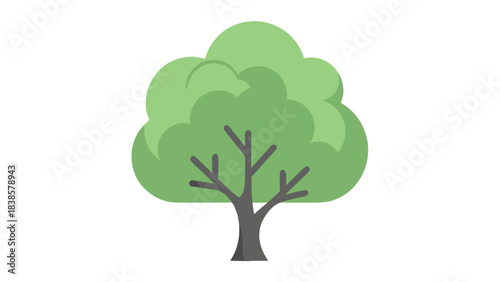 A stylized green tree with gray trunk and branches on a black background representing nature and simplicity