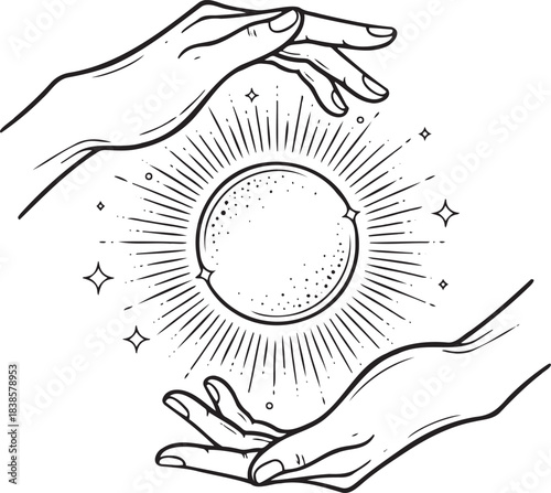 Mystical Hands Holding Glowing Crystal Ball - Magic Engraving Sketch