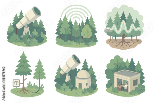 Planetary Biosignal Research. Isometric vector illustration set Planetary biosignal research: telescopes surrounded by lush