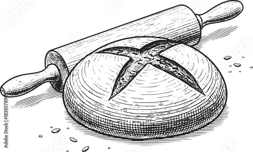 Freshly Baked Artisan Bread Loaf with Rolling Pin - Engraving Vector