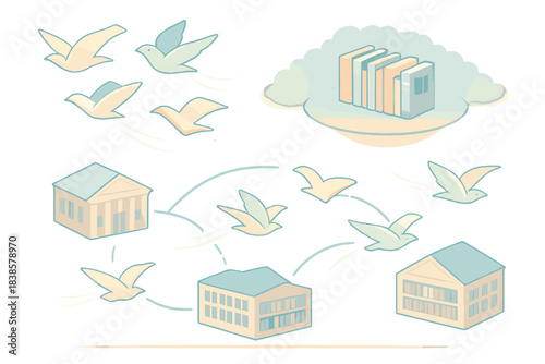 Literary Birds in Flight. Isometric vector illustration set Flight of literature: books shaped like gentle birds, libraries