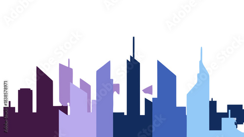 A Stylized Silhouette of a Cityscape at Night Featuring Buildings in Shades of Purple Blue and Teal Against a Black Background with a Gradient Effect