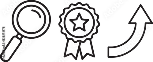 Search, Quality, and Growth Icon Set - Monochrome Line Art Vector