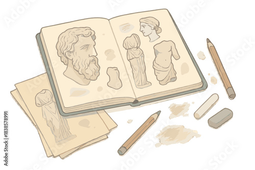 Artistic Archaeology Discovery Set. Isometric vector illustration set Discovery notes collection: open sketchbook with fragmented