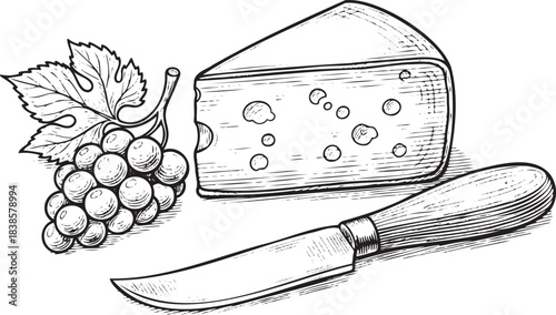 Gourmet Cheese Board with Grapes and Knife - Hand Drawn Engraving