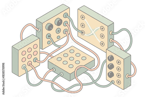 Modular Synth Harmony. Isometric vector illustration set Analog sound network: modular synth panel with pastel patch cables,