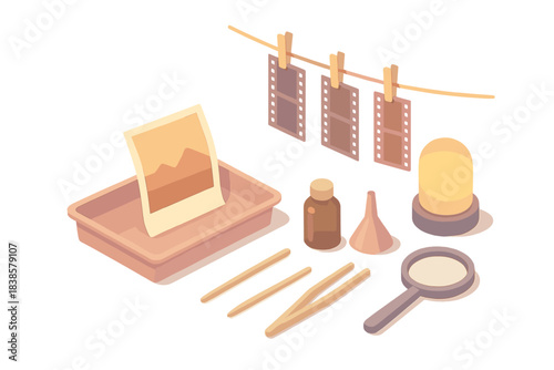 Analog Photo Lab. Isometric vector illustration set Analog photo lab: film paper emerging from pastel tray, drying line with