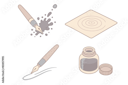 Ink and Motion. Isometric vector illustration set Expressive calligraphy moment: fountain pen releasing flow of ink splatter,