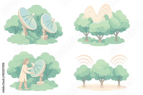Nature-Inspired Radio Dishes. Isometric vector illustration set Canopy communication array: radio dishes camouflaged among trees,