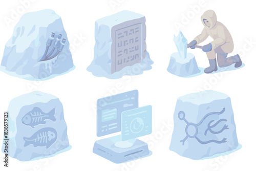 Cryogenic Data Vault. Isometric vector illustration set Cryogenic internet vault: frozen cables embedded in glacier wall, ancient