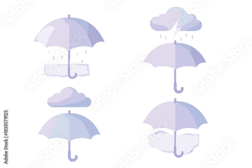 Interactive Rain Elements. Isometric vector illustration set Interactive rain hue: umbrella sensing lightning and glowing pale