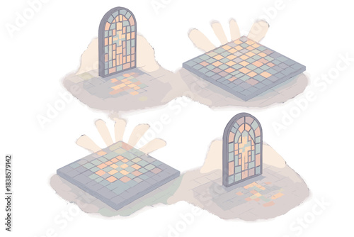 Pixelated Stained Glass. Isometric vector illustration set Digital cathedral style: pixelated stained glass window emitting soft