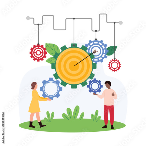 Focus on project success and cooperation progress, effective partnership. Tiny people holding gears of work mechanism to support partners teamwork to achieve business goal cartoon vector illustration