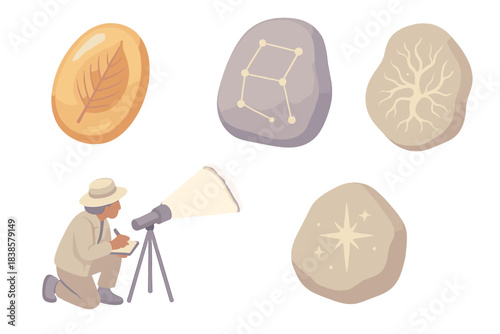 Galactic Fossil Icons. Isometric vector illustration set Galactic imprint fossils: delicate leaf preserved in amber-like stone,