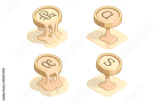 Melting Typewriter Keys. Isometric vector illustration set Liquefied print relic: deformed typewriter keys dripping into mirrored