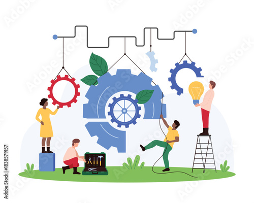Effective teamwork and collaboration of employees. Tiny people moving parts of factory mechanism in unity, connect light bulb and gears in machine motor system together cartoon vector illustration