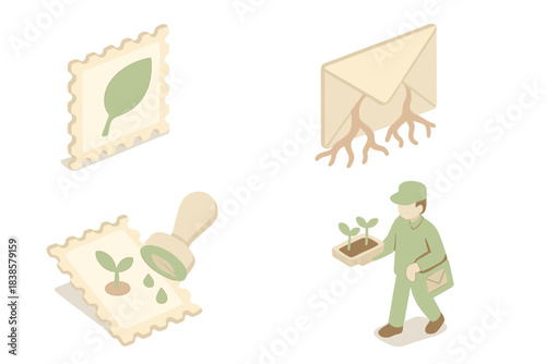 Eco Postage Evolution. Isometric vector illustration set Bio-stamp evolution: postage corner transforming into leaf, roots weaving