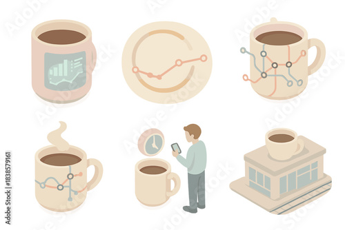 Caffeine-Powered Transport. Isometric vector illustration set Caffeine-driven schedule: AI mug glowing with rail data, coffee