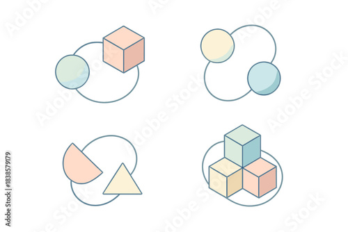 Geometric Harmony. Isometric vector illustration set Geometric language: shapes connected through curved lines, intersections