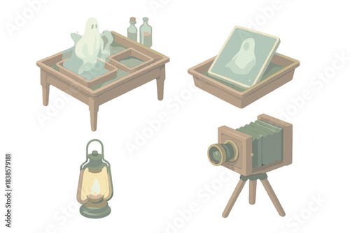 Victorian Spectral Photography Lab. Isometric vector illustration set Spectral photography lab: Victorian darkroom setup with