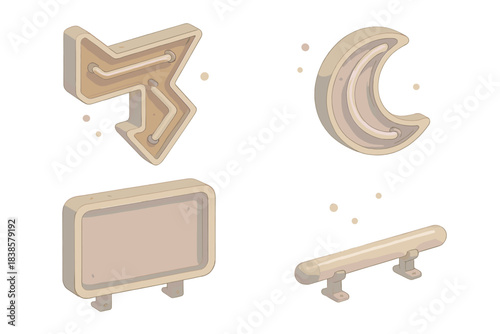Urban Glow Relics. Isometric vector illustration set Urban glow relics: vintage sign fragments, dim edges, worn tubes, open metal