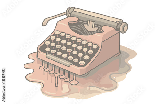 Melting Typewriter Surrealism. Isometric vector illustration set Antique typewriter meltdown: circular keycaps turning to fluid