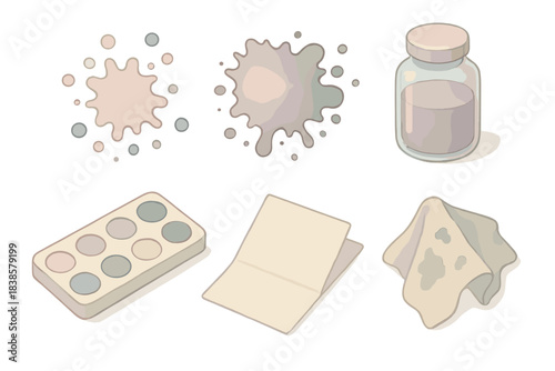 Artistic Ink Supplies. Isometric vector illustration set Artistic ink splashes: droplet patterns, splatter brushes, glass jars,