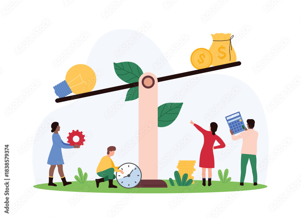 Fototapeta premium Judgment about value of creative idea, comparison of investment and benefit from project. Tiny people weigh light bulb and money bag of gold coins on balance seesaw cartoon vector illustration