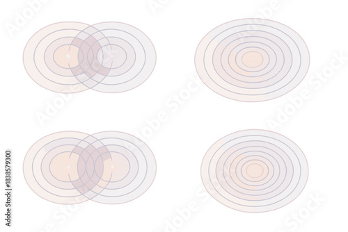 Reflective Ripple Geometry. Isometric vector illustration set Reflective ripple interactions: intersecting circles of transparent
