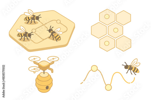 Busy Bee Pathways. Isometric vector illustration set Waggle route system: bees tracing geometric paths across honey surface,
