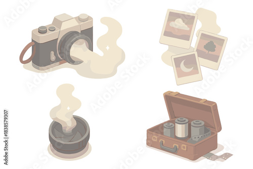 Retro Dream Capture. Isometric vector illustration set Nostalgic dream capture: retro camera releasing glowing dream film,