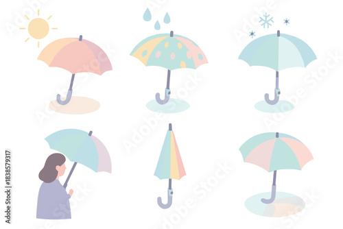 Adaptive Umbrella Illustration. Isometric vector illustration set Adaptive umbrella design: umbrella shifting hue under sunlight,