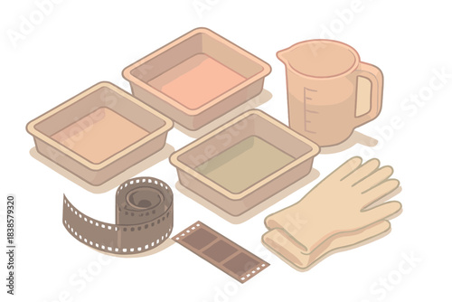 Film Developer Tools. Isometric vector illustration set Film developer tools: small tray set with liquids of soft hue, coiled