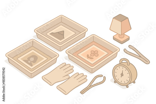 Vintage Darkroom Vibes. Isometric vector illustration set Handmade print station: series of developer trays with paper prints