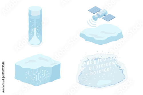 Frozen Digital Archive. Isometric vector illustration set Data beneath ice: frozen archive core emitting soft digital light,