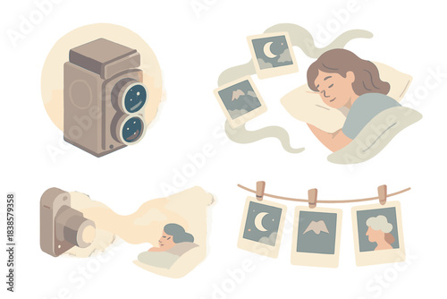 Timeless Dream Photography. Isometric vector illustration set Timeless dream capture: classic film camera aimed at sleeping