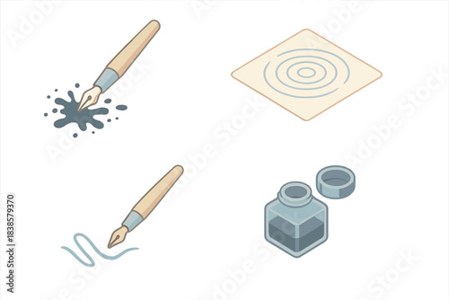 Ink and Motion. Isometric vector illustration set Expressive calligraphy moment: fountain pen releasing flow of ink splatter,