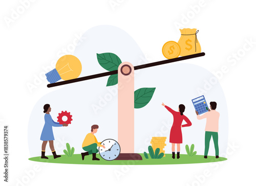 Judgment about value of creative idea, comparison of investment and benefit from project. Tiny people weigh light bulb and money bag of gold coins on balance seesaw cartoon vector illustration