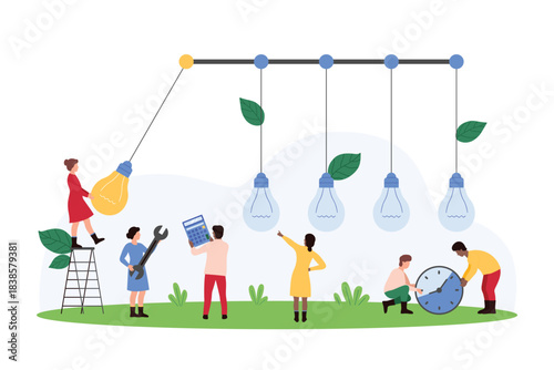 Transfer of creative ideas and knowledge to business team, motivation. Tiny people share energy and shine bright light bulb, impact and change balance with pendulum action cartoon vector illustration