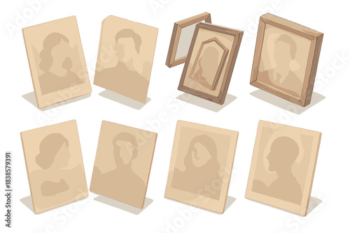 Haunted Portraits Collection. Isometric vector illustration set Haunted portrait collection: sepia-toned photo prints with faint
