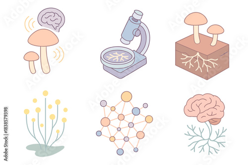 Symbiotic Neural Ecosystem. Isometric vector illustration set Thought root symbiosis: mushroom caps emitting brainwave signals,